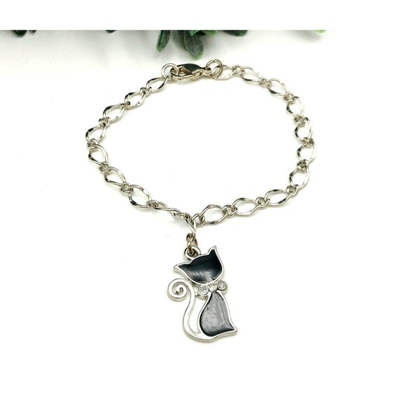 Silver-Tone Cat Charm Bracelet With Black Enamel Accents & Delicate Chain Design - Picture 1 of 5